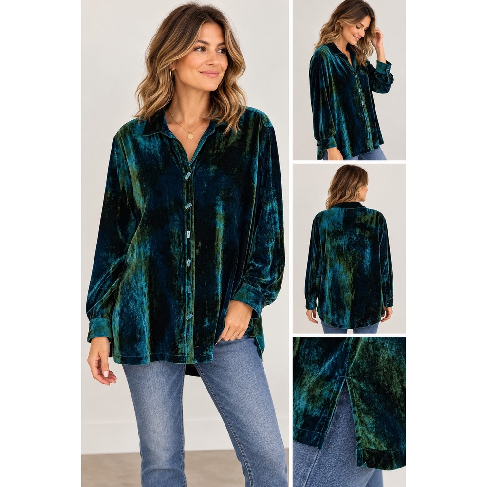 John Mark Womens 0X Teal Green Velvet Button Down Shirt Long Sleeve Blouse tunic